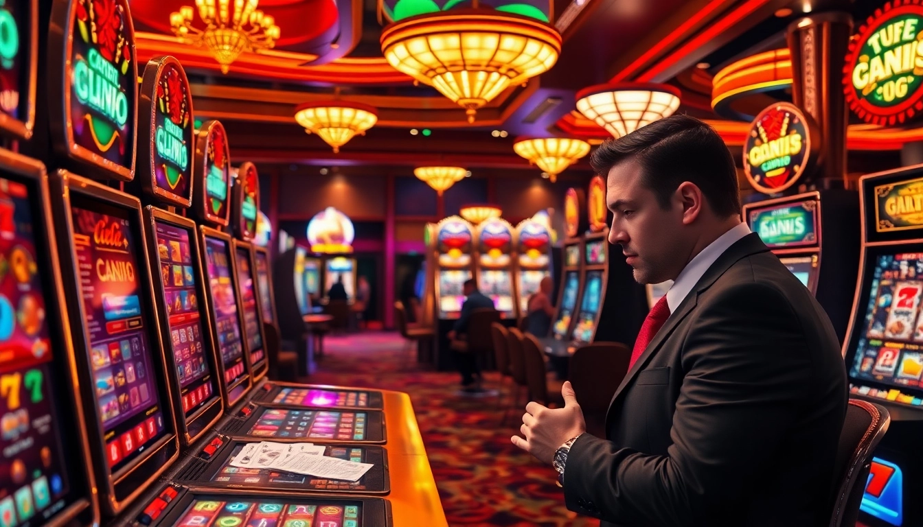 Engage with thrilling slot사이트 experiences as players spin colorful machines in a vibrant casino environment.