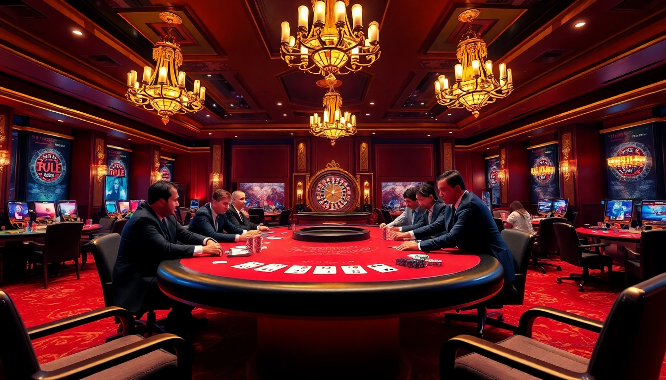 A lively casino scene featuring high-stakes poker and elements representing a reputable gambling platform, "nhà cái uy tín."
