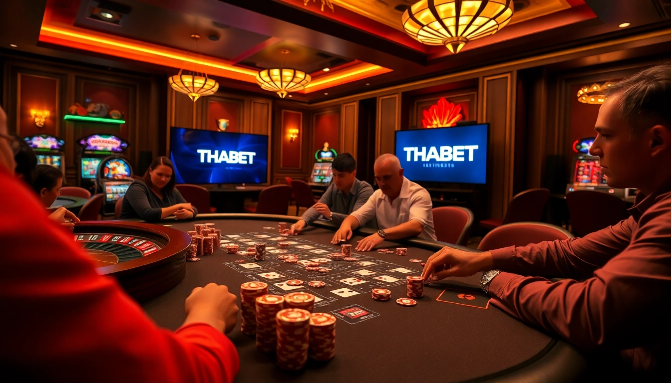 Players strategize at a high-stakes poker table in THABET's luxurious casino setting.