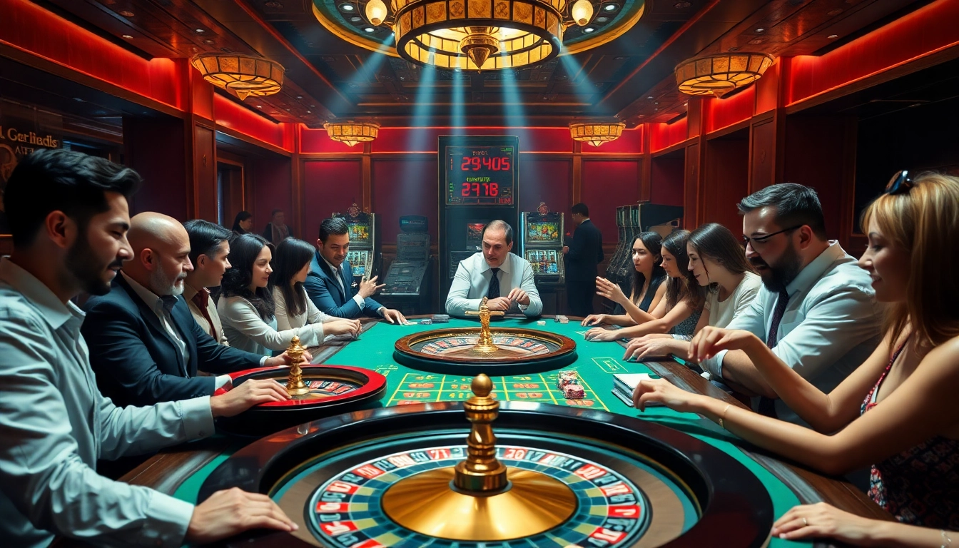 Players enjoying an exciting night at Okfun casino with roulette and poker.