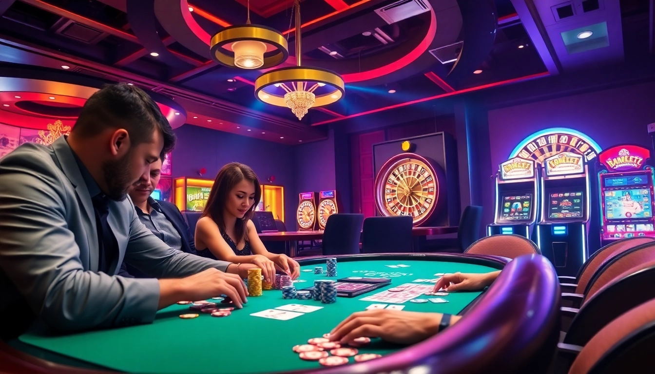 Bj66 casino scene with intense poker players, vibrant roulette wheel, and glowing slot machines.