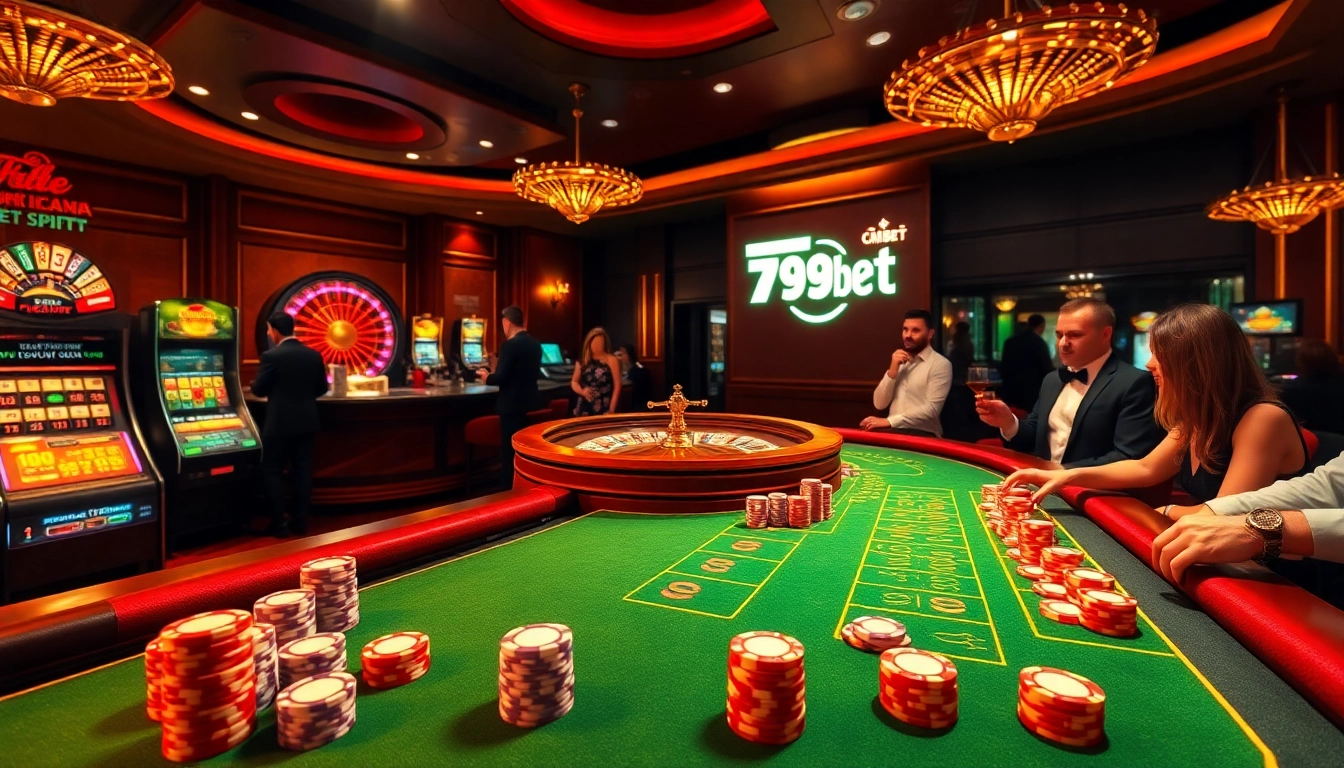 Players enjoying an exciting game at 789bet casino tables with poker chips and a roulette wheel.