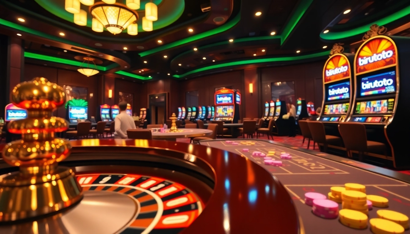 Rasakan atmosfer yang mendebarkan Birutoto, menampilkan kasino elegan dengan meja poker, roda roulette, dan mesin slot yang berwarna-warni.