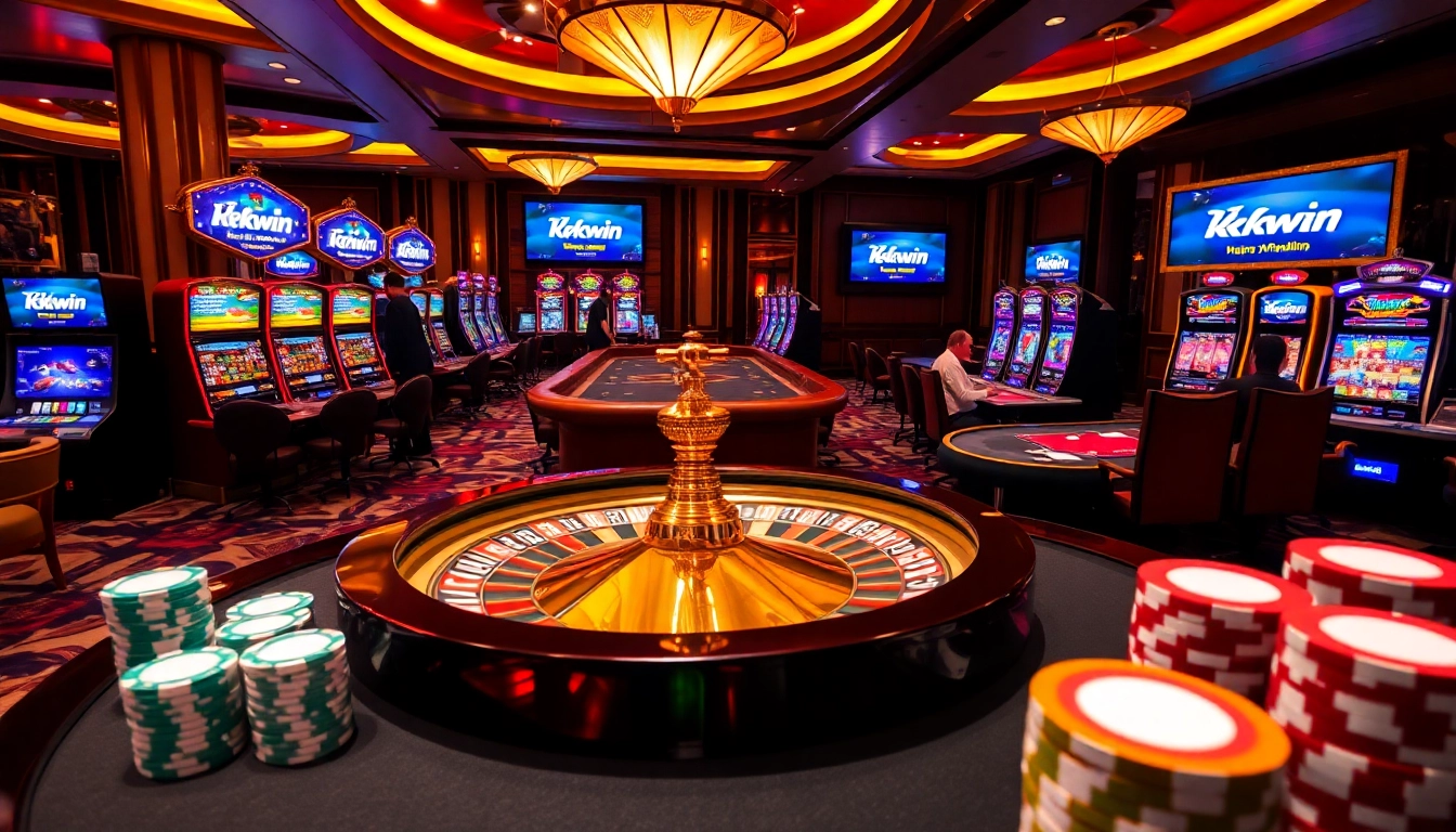 Engaging casino scene showcasing https://kkwin.diy/ with roulette wheel, poker chips, and players in action.