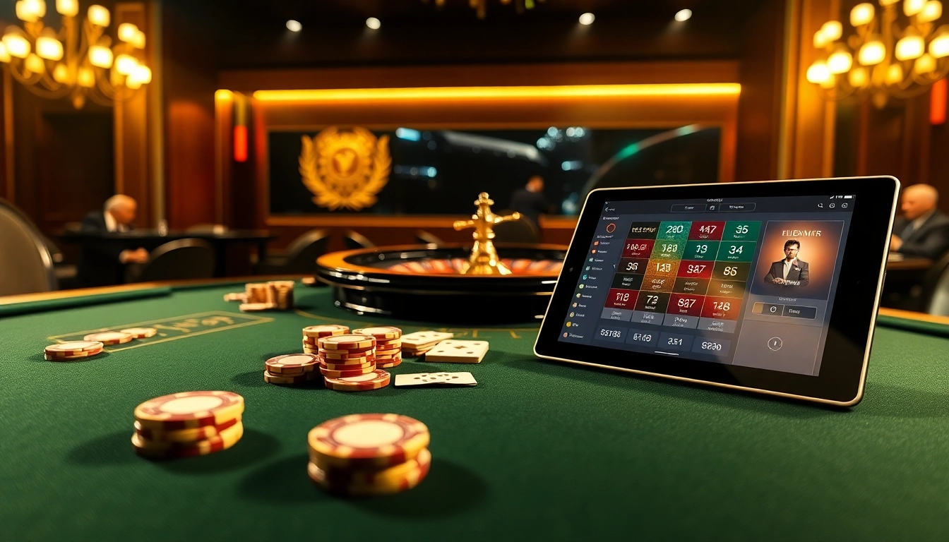 Go88 casino table featuring poker chips, cards, and a roulette wheel, evoking a luxurious gambling experience.