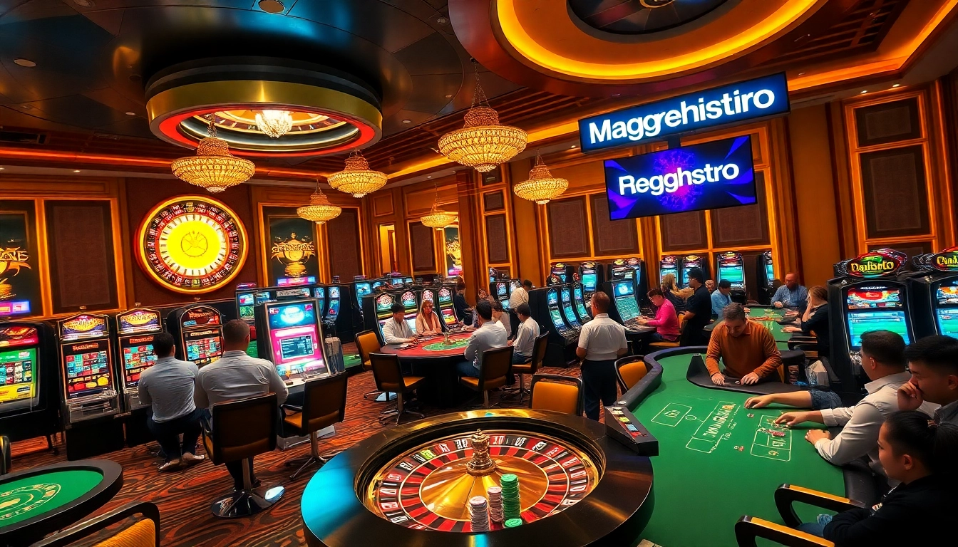 Players enjoying casino games while the digital screen prompts "Magrehistro" for online registration.