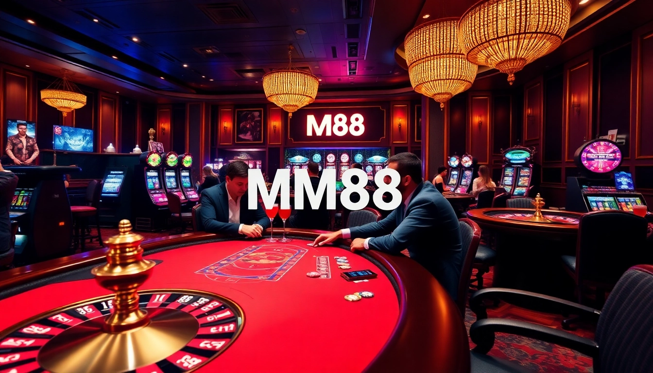 Players enjoying an exciting poker game at MM88 casino with vibrant slot machines.