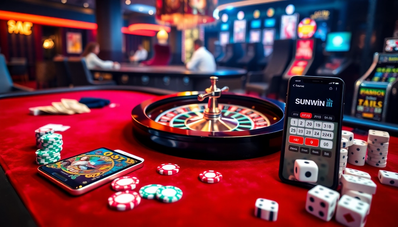 Sunwin app featuring exciting poker and slot games in an elegant casino setting.