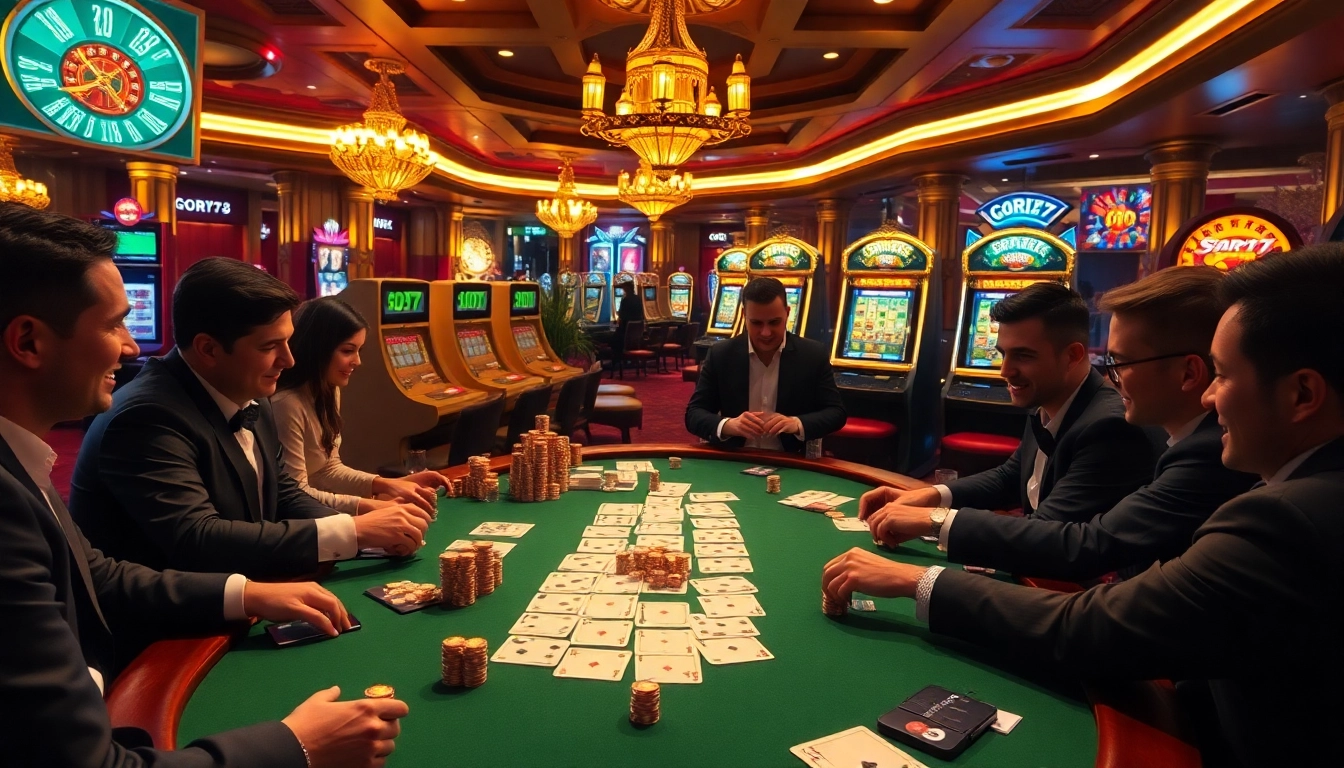 Gori77 players strategizing at a high-stakes poker table in a luxurious casino.