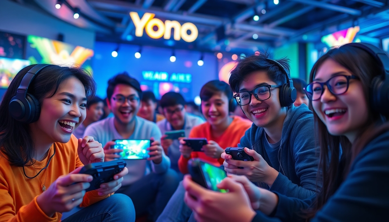 Players enjoying Yono Games on mobile devices, showcasing excitement and vibrant gameplay.