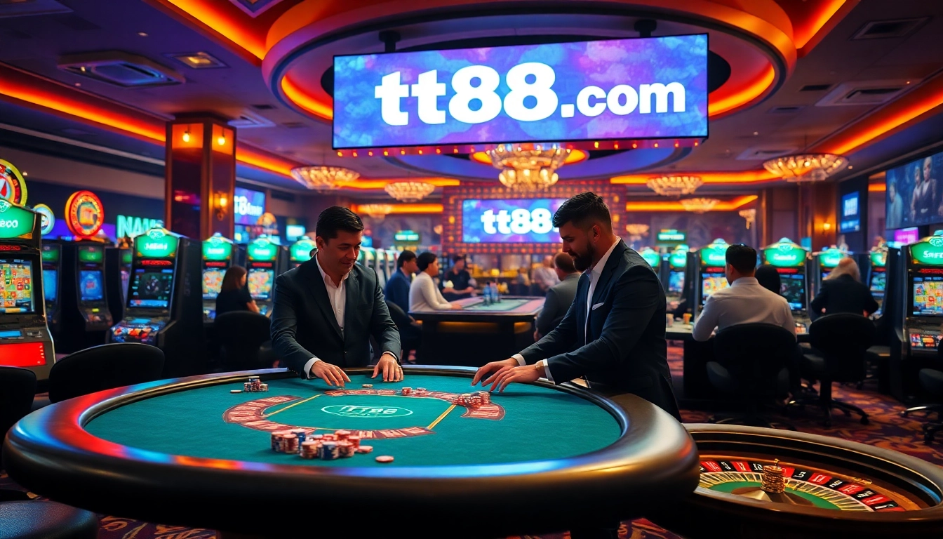 Players enjoying an exciting casino game at tt88.mex.com with vibrant slot machines and poker chips.