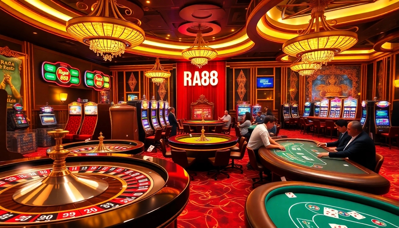 Experience the thrilling atmosphere of raja 88 with players at roulette and poker tables in a luxurious casino.