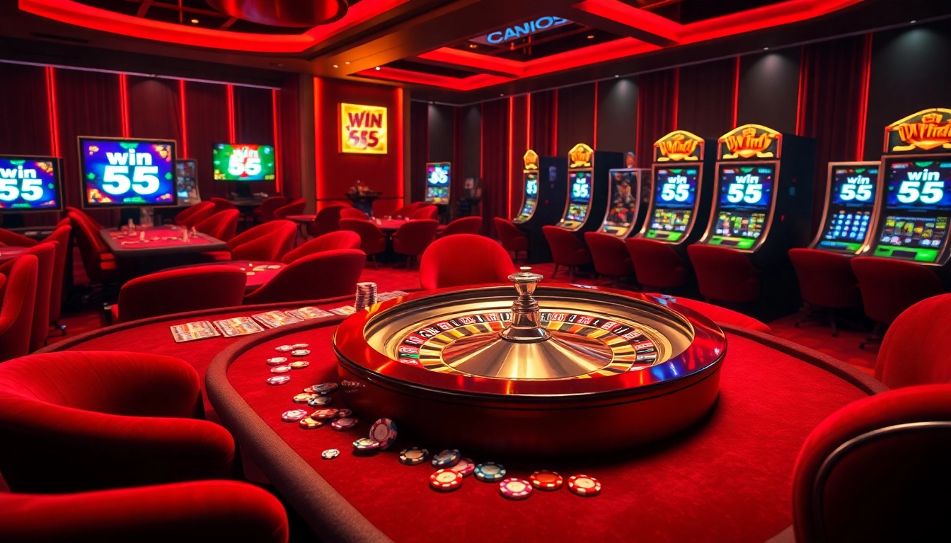 Betting high stakes at win 55 casino with elegant tables and vibrant roulette wheels.