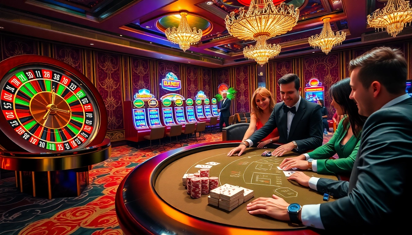 Experience the thrill of gojekpot with players enjoying an exciting casino atmosphere featuring slot machines and poker.