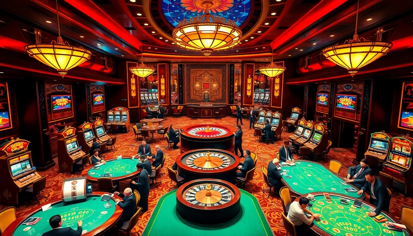 Exciting gaming atmosphere at a casino with xx88tv.com themed elements, featuring tables, cards, and players.