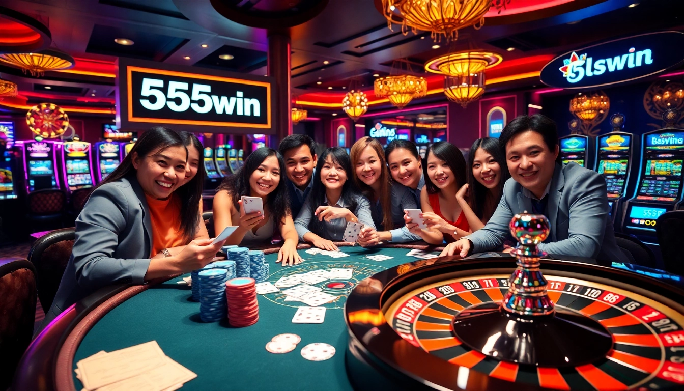 Players enjoying poker at 555win casino with vibrant chips and exciting game elements.