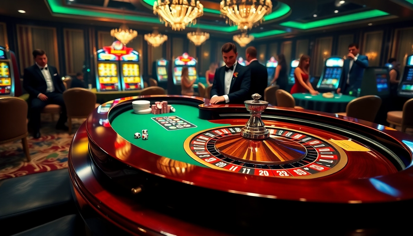 Experience the excitement of gambling at https://kuwinblog.com/ with a vibrant casino scene showcasing roulette and poker.