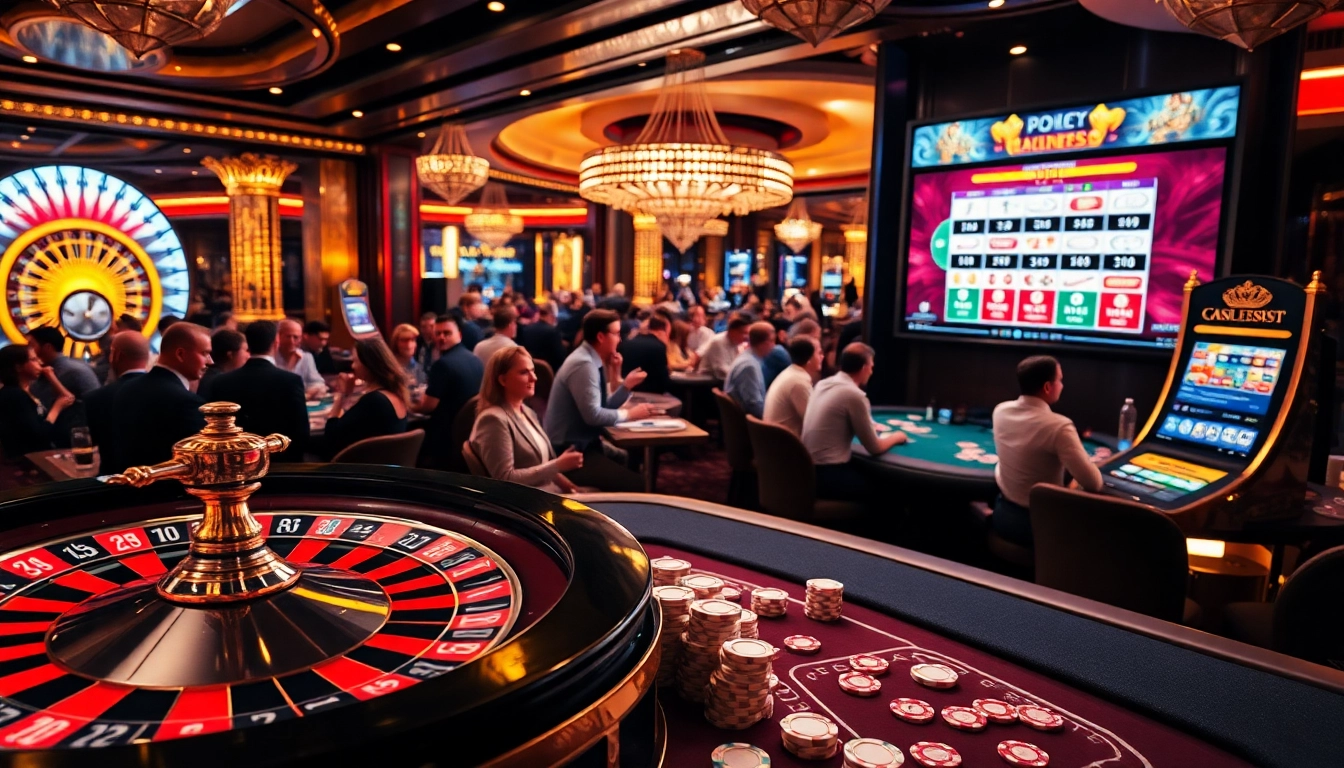 Nohu90 đăng nhập seamlessly at a vibrant casino scene featuring roulette wheels and slot machines.