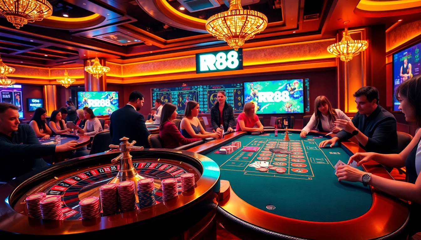 Gambling excitement at RR88 casino with roulette wheel and colorful chips on the table.
