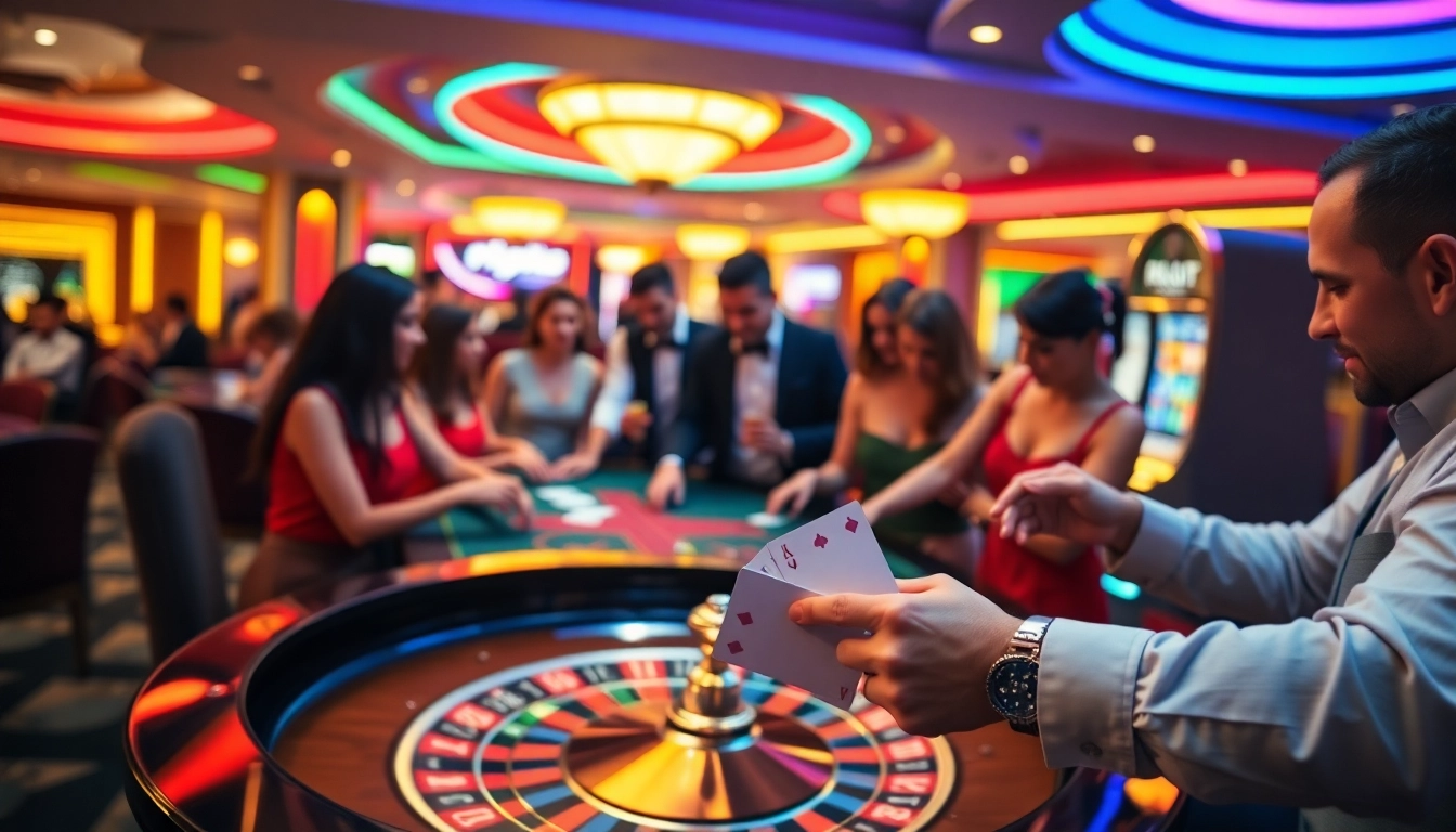 Gamblers enjoying high-stakes play at a vibrant nh88 casino scene with roulette and slot machines.