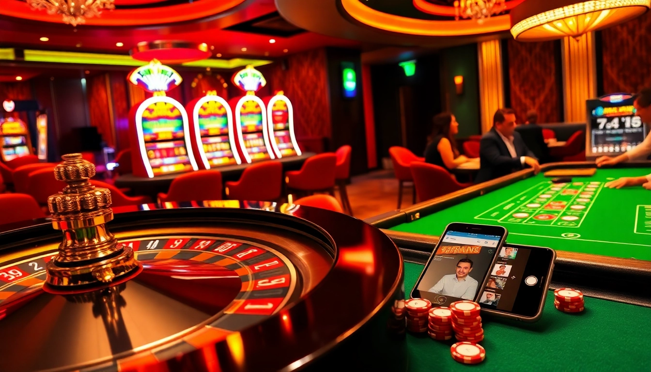 Experience tg88 đăng nhập at a luxury casino with vibrant gaming tables, roulette wheels, and engaging players.
