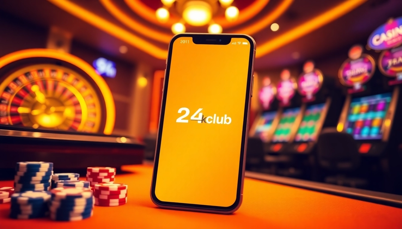 The 24kclub app interface showcased in an elegant casino setting with roulette, slots, and poker elements.