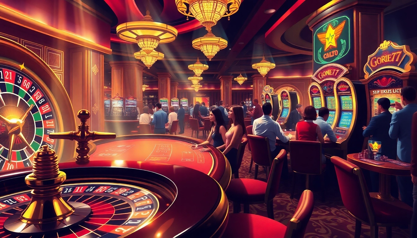 Casino players enjoying high-stakes action at a gori77 slot machine and poker table.