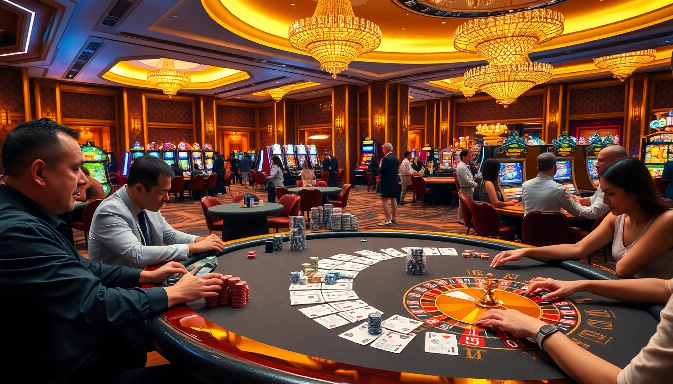 Bem88 offers an exhilarating casino experience with players engaged in poker and roulette amid vibrant gaming elements.