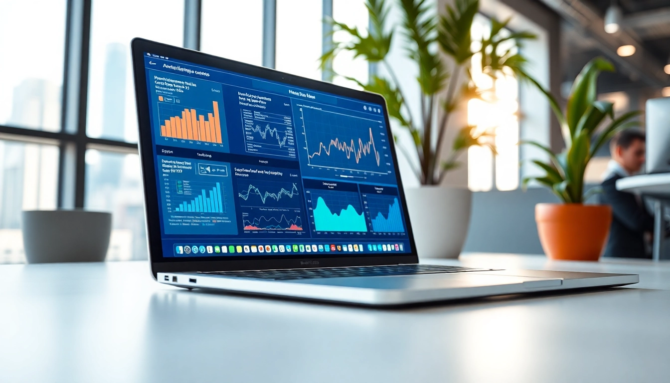 Showcasing AI Software interface on a laptop, highlighting graphs and algorithms in a modern office.