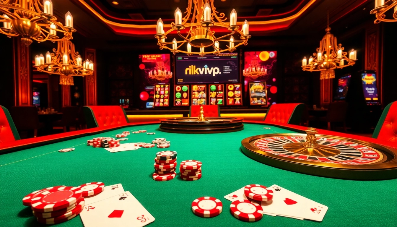 Experience the thrill of playing on rikvip with vibrant poker chips and a roulette wheel in an opulent casino setting.