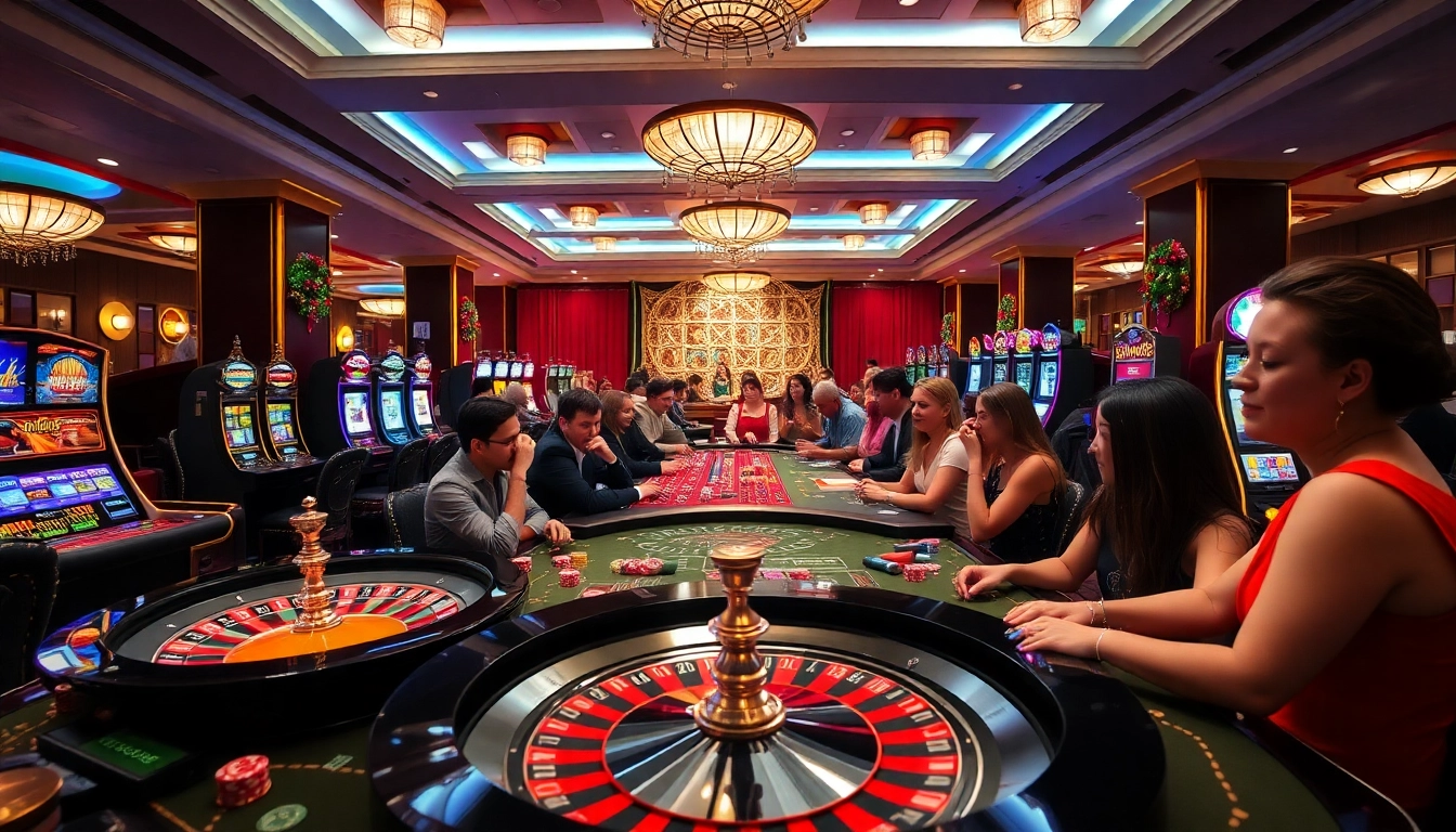 Gamblers at tables and slot machines celebrating Christmas promotions at https://789wins1.net/.