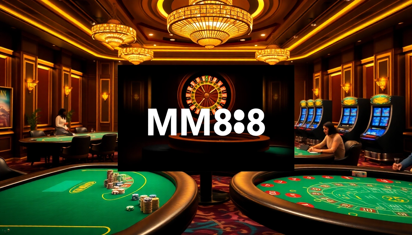 MM88 gambling scene featuring casino tables, poker chips, and a lively roulette wheel