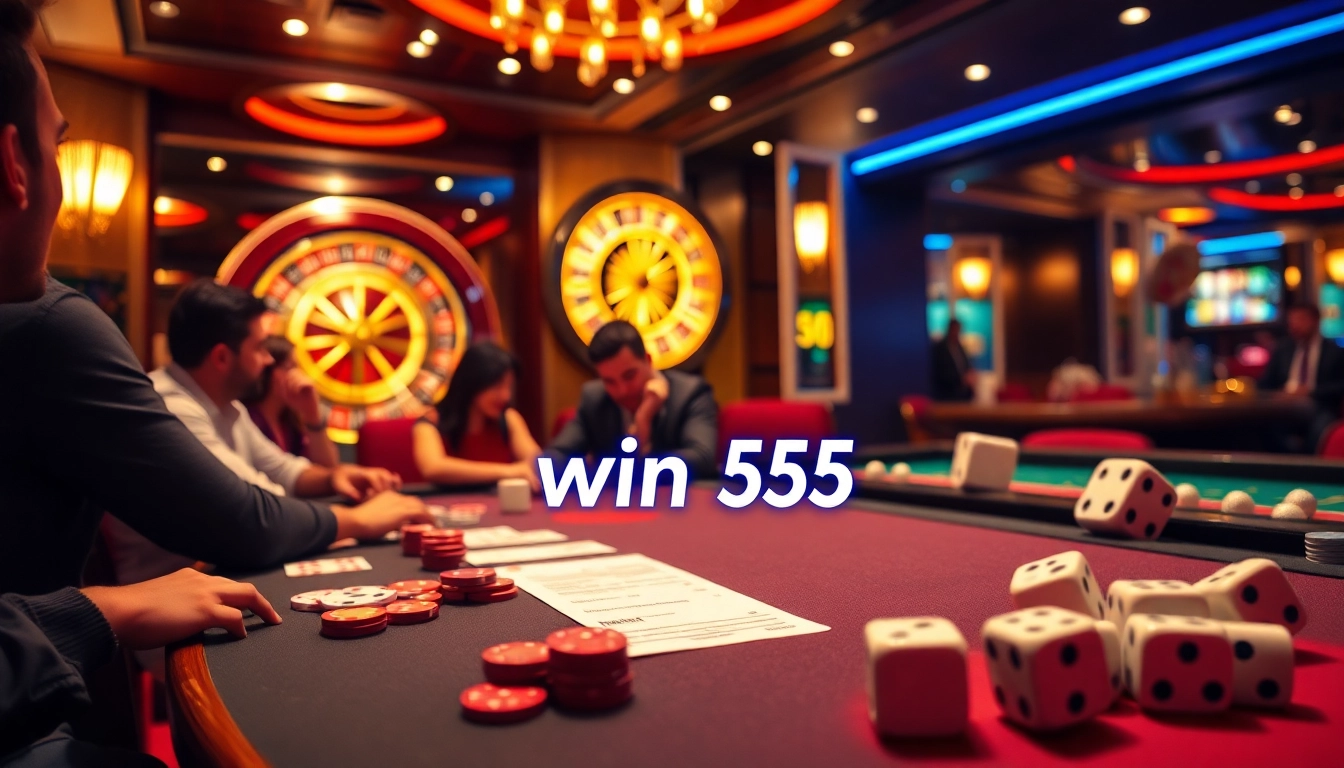 Exciting poker game at a casino table featuring win 55 betting slip.