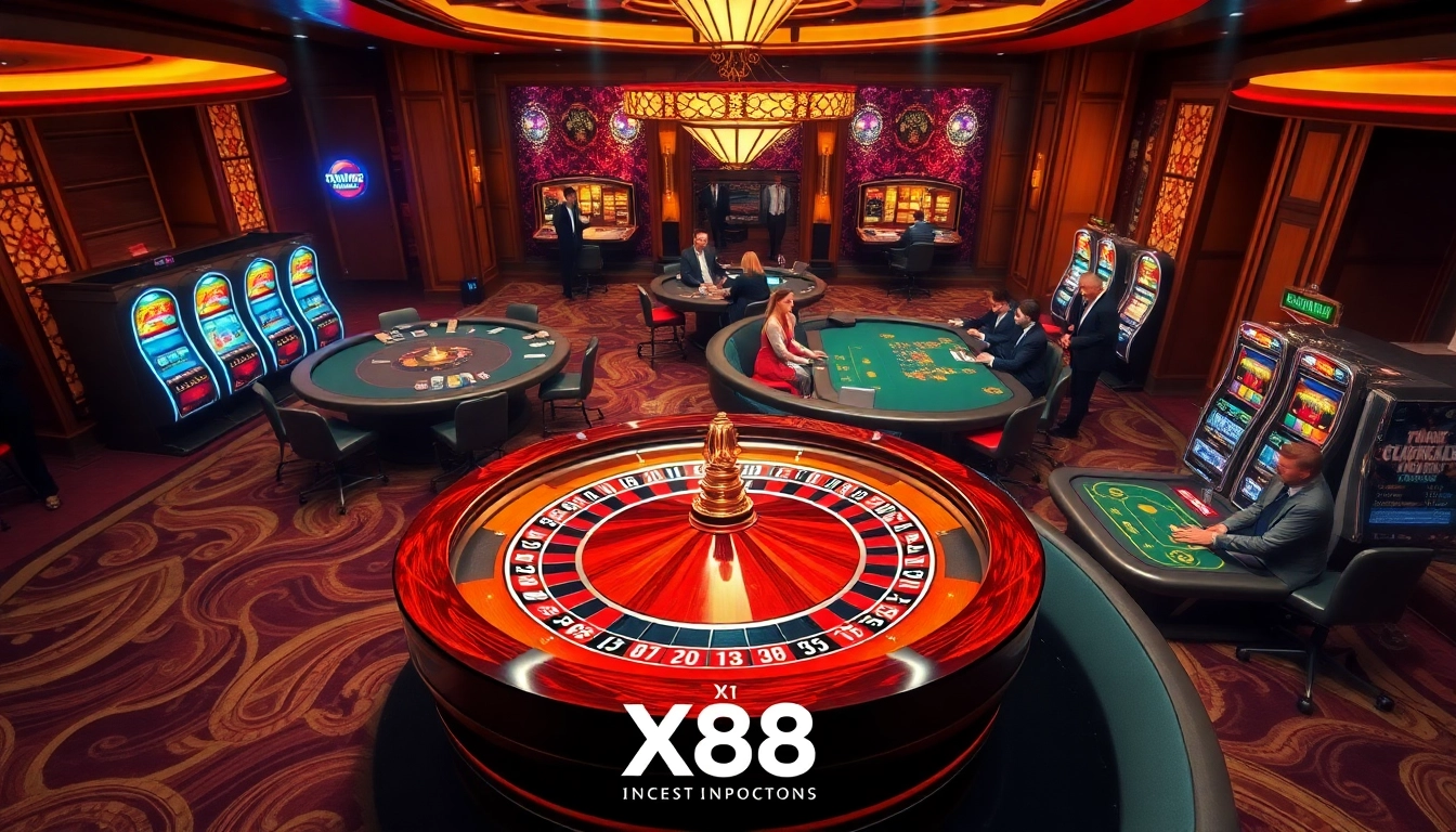 X88 casino scene featuring elegant players at poker tables with vibrant gaming ambiance