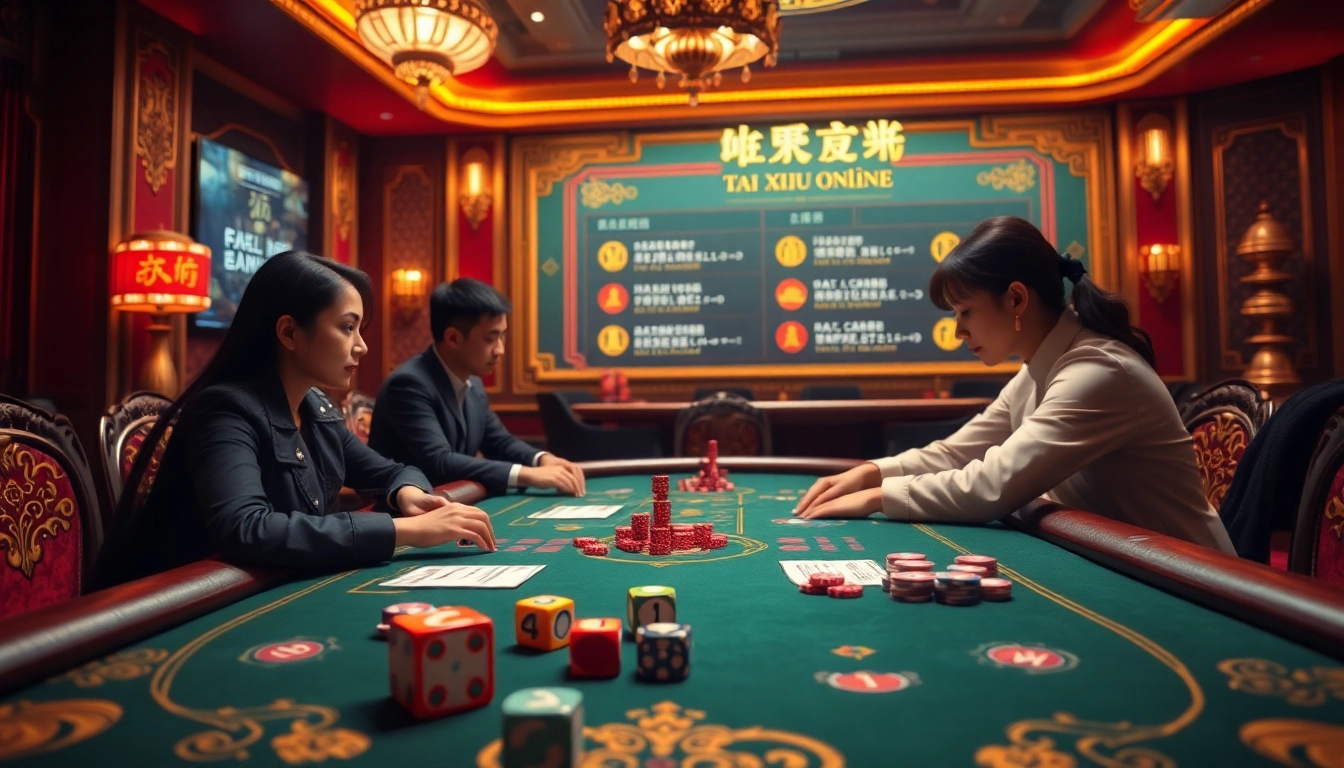 Players enjoying tai xiu online at a luxurious casino table with vibrant decorations.