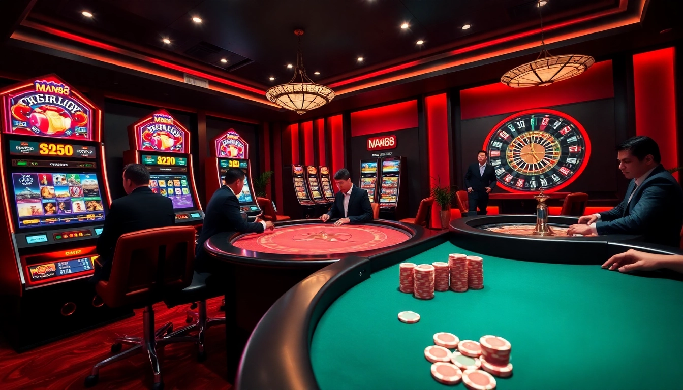 Experience thrilling gaming at Man88 with stunning slot machines and a vibrant poker table.