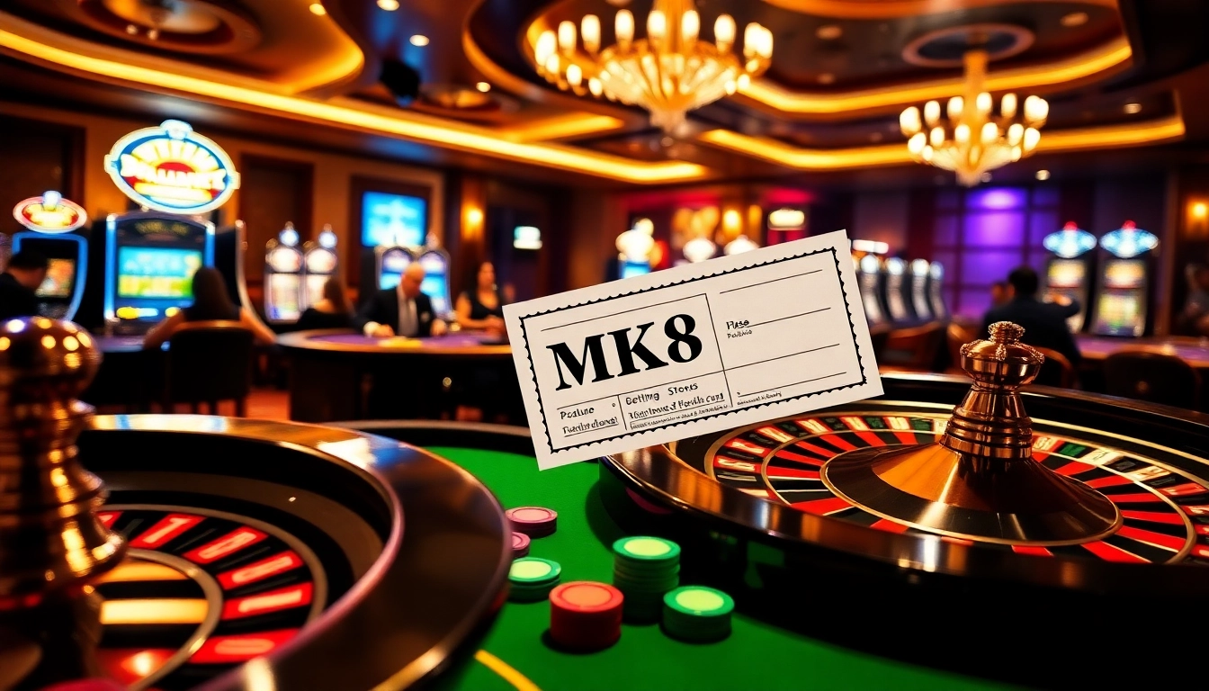 MK8 betting slip among vibrant casino tables filled with poker chips and engaging players.