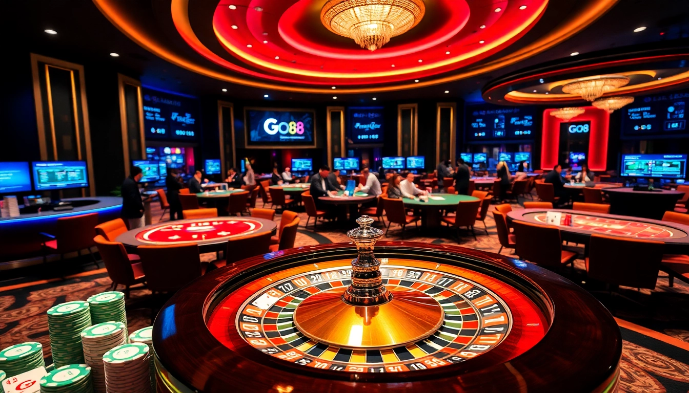 Exciting casino experience at GO88 with vibrant tables, roulette wheel, and players.