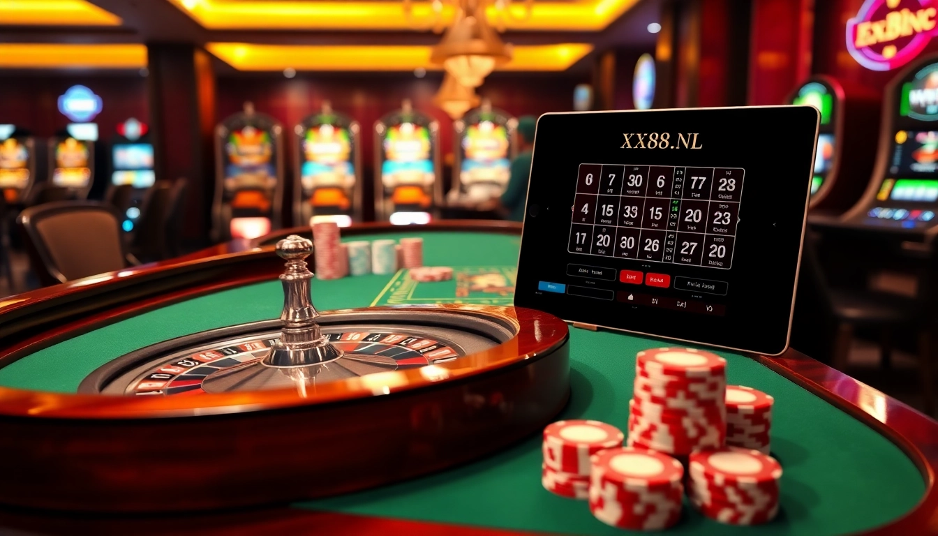Experience the thrill of gambling at https://xx88.nl/ with a vibrant casino table scene filled with poker chips and a roulette wheel.