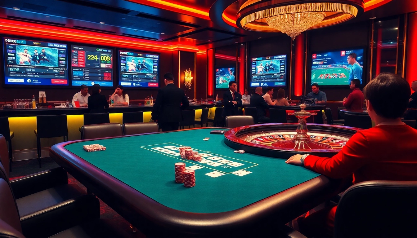 An exciting poker scene at https://keobongda2.vip/ with vibrant chips, cards, and lively betting ambiance.