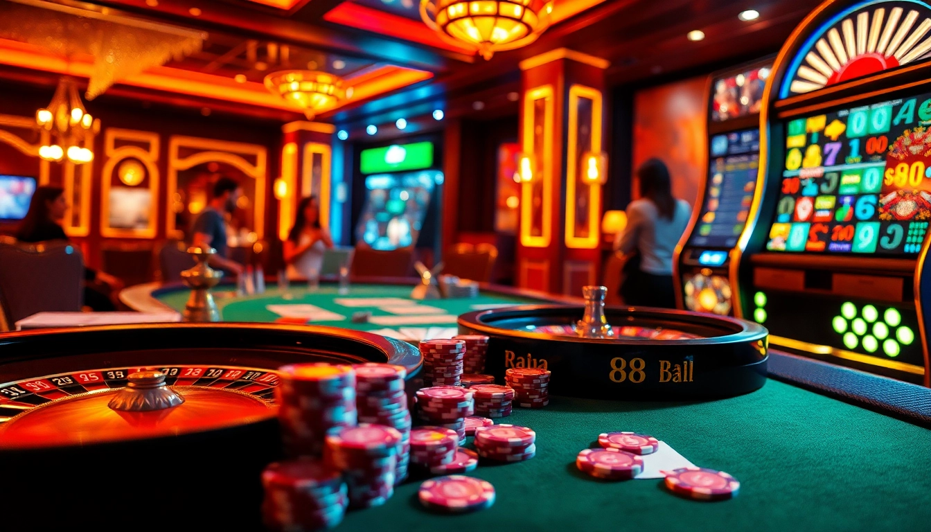 Experience the vibrant casino atmosphere with raja 88, featuring colorful poker chips and a roulette wheel.