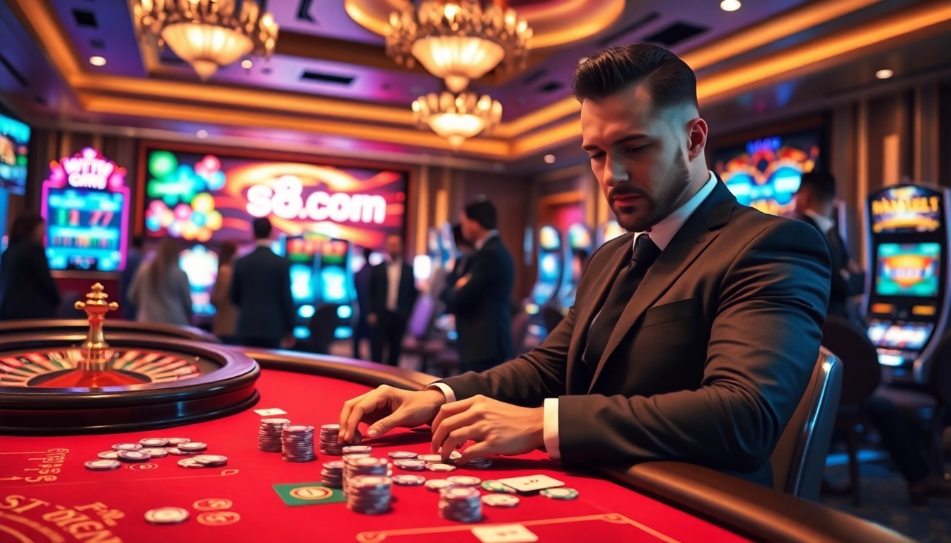 Dynamic gambling scene at s8 com casino with poker tables and vibrant slot machines.
