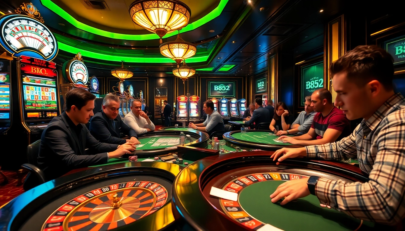 Players enjoying high-stakes games at B52 club casino, surrounded by vibrant slot machines.