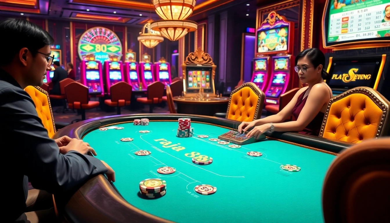 Players challenge their luck with raja 88 poker chips at a luxurious casino blackjack table.