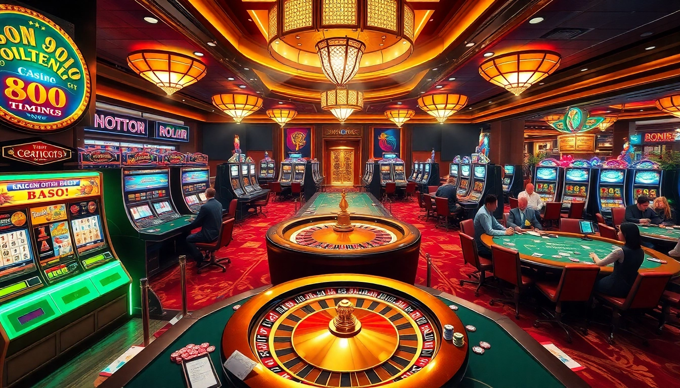 A vibrant casino scene showcasing 88i with players at poker tables, an exciting roulette wheel, and colorful slot machines.