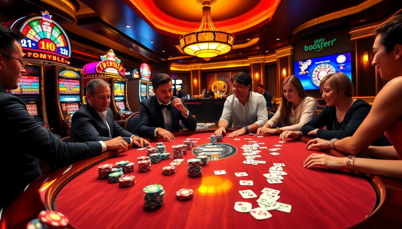 Players enjoying high-stakes poker with 'boosterjp' strategies in a luxury casino setting.