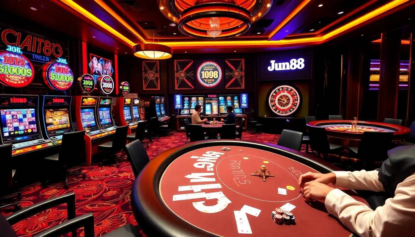 Experience the thrill of Jun88 at a bustling casino with poker tables and slot machines.