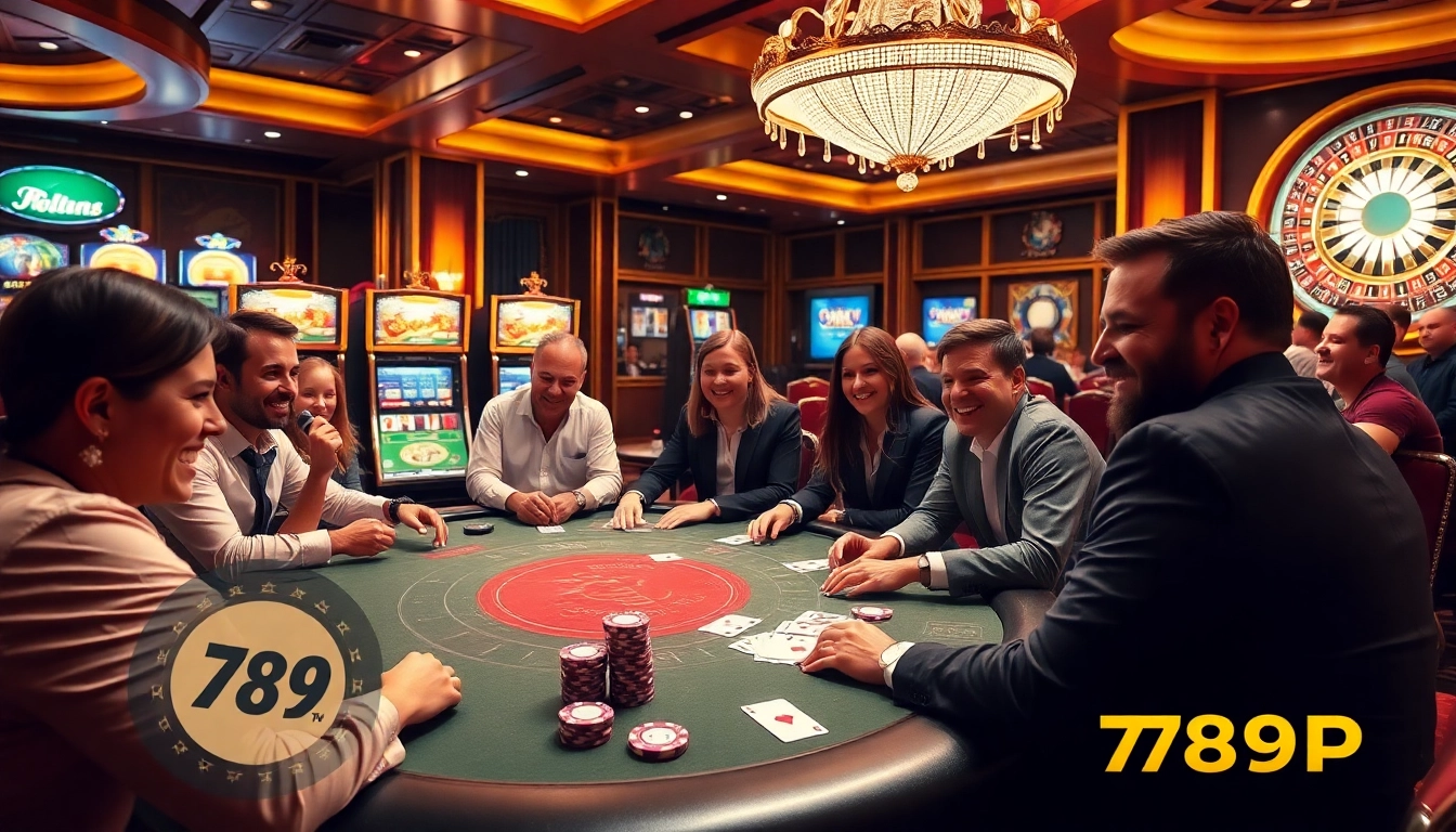 Engaged players enjoying poker with 789P branded chips and vibrant casino backdrop.