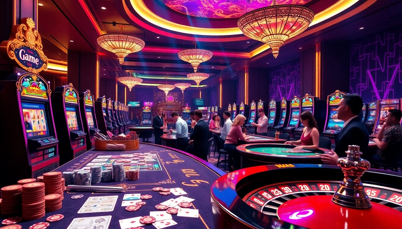 Engage with the thrilling game VVJL at an upscale casino featuring vibrant tables and luxurious slot machines.