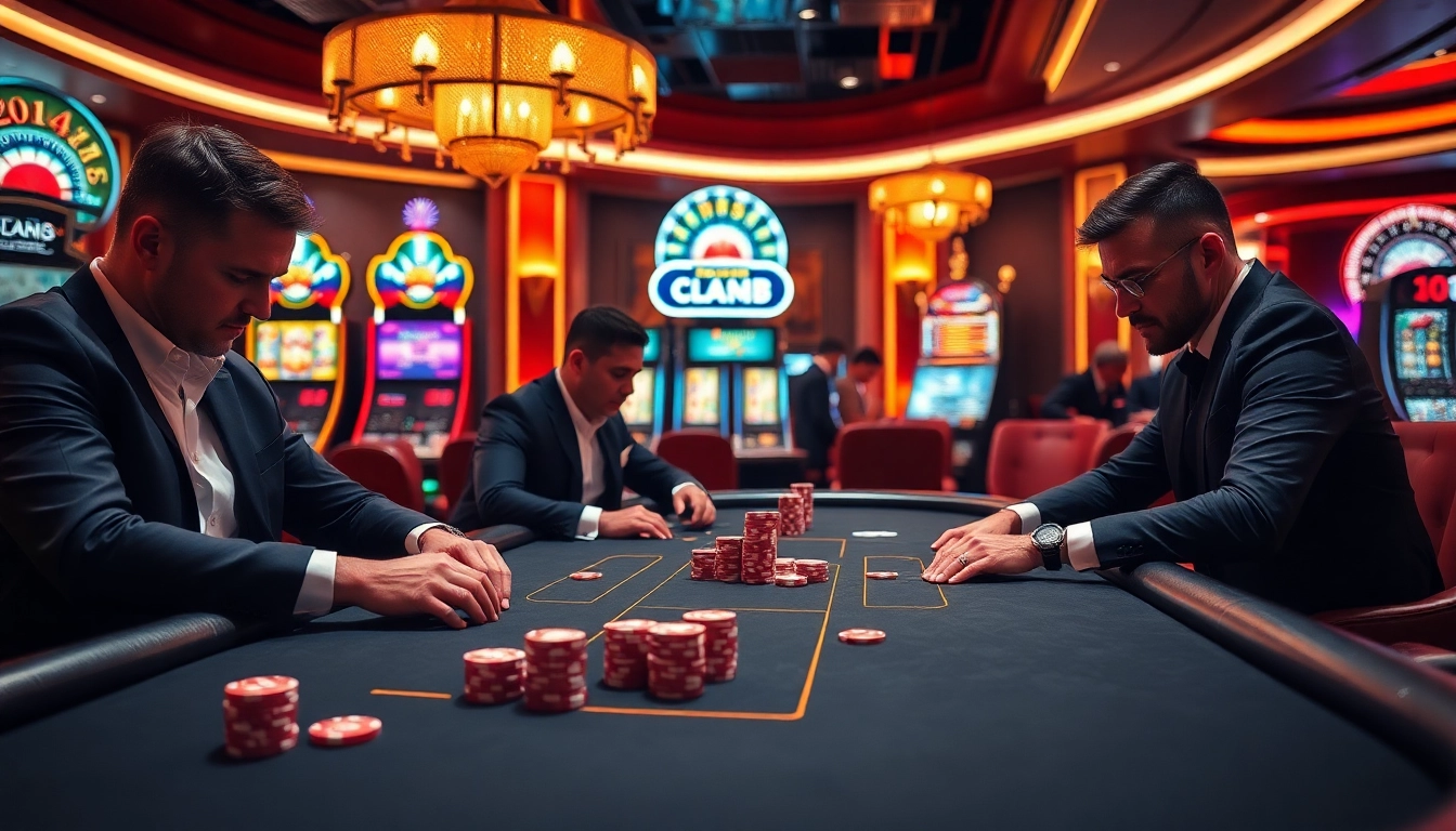 Players enjoying high-stakes poker at the jl55 club casino, surrounded by colorful slot machines.